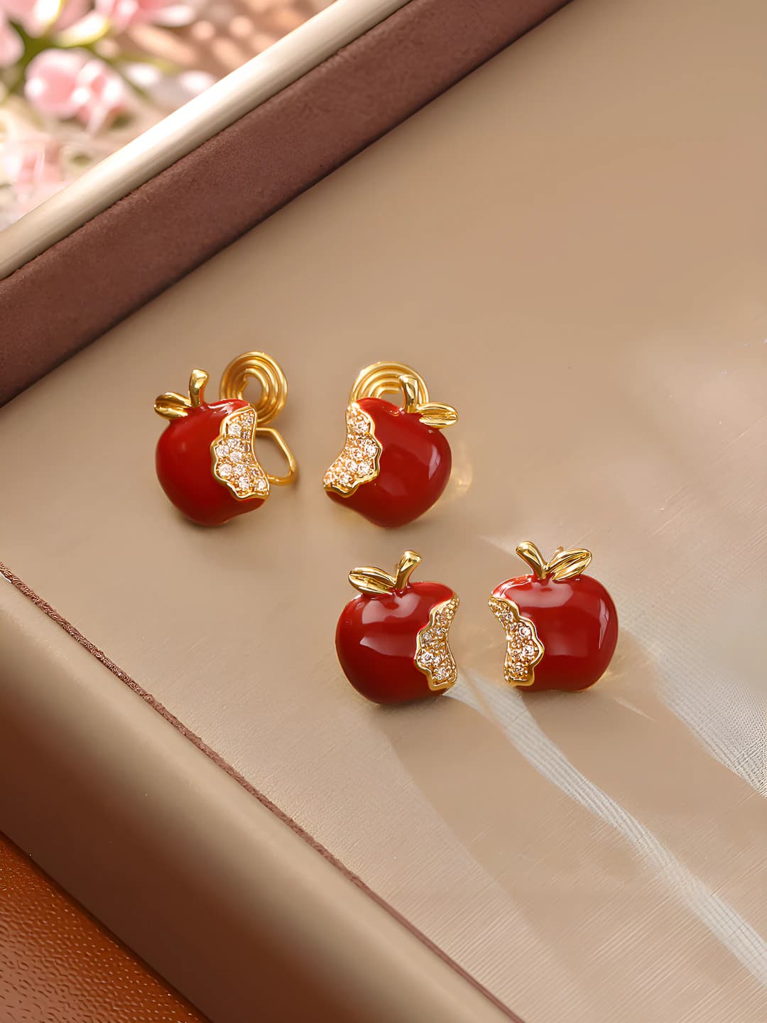 Women's red apple-shaped clip-on earrings with zircon and 925 silver post