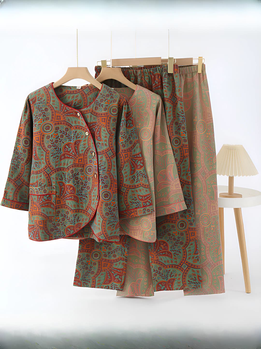 Ayollar uchun sof paxta uy kiyimi to'plami: yupqa, dumaloq yoqa, uzun yeng, uzun shim, to'rt mavsum