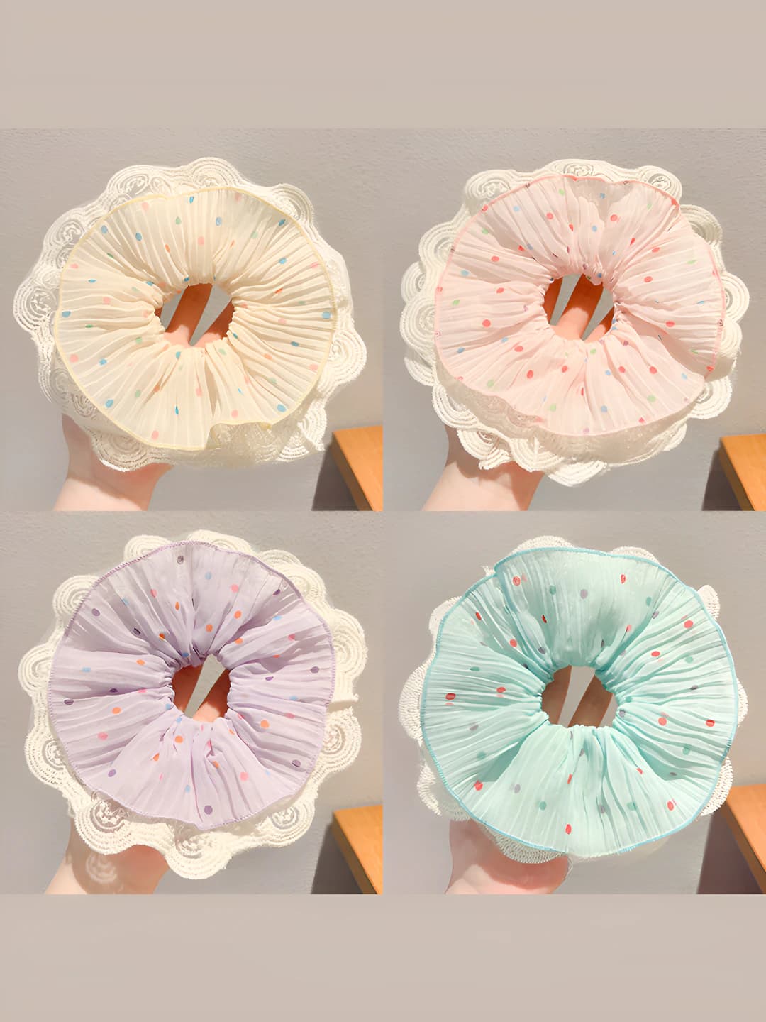 Women's stretch hair tie with lace and polka dots, Korean style, high elasticity