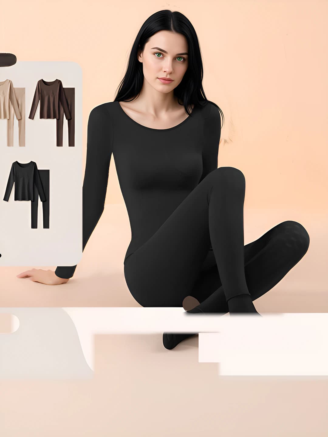 Women's autumn-winter thermal underwear set: seamless, stretch, fleece-lined, crew neck, long sleeve, trousers, solid colour