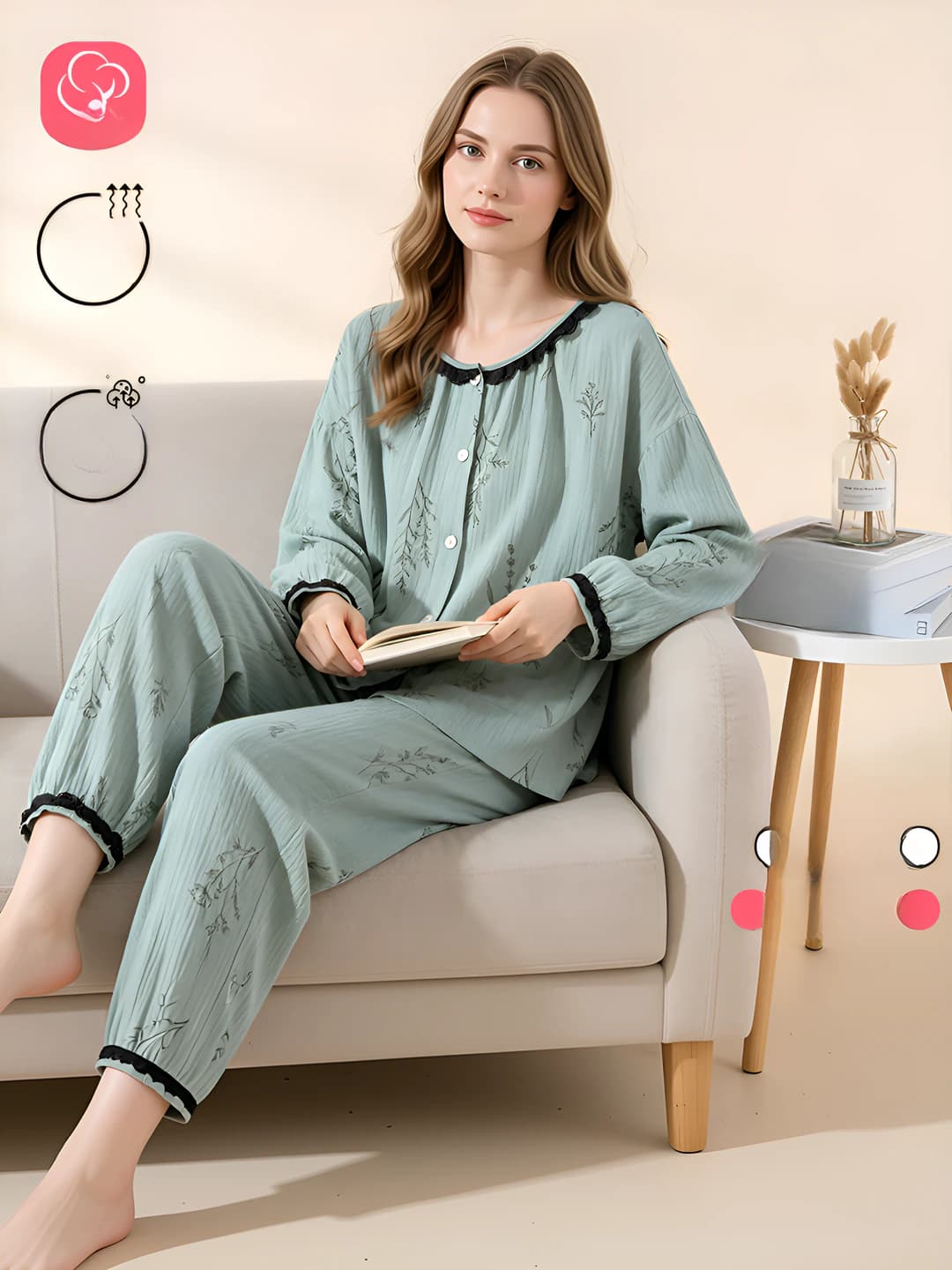 Ayollar uchun sof paxta mato pijama to'plami, dantel qo'shilmali, dumaloq yoqa, uzun yeng, uzun shim, yupqa, havo o'tkazuvchan, uy kiyimi