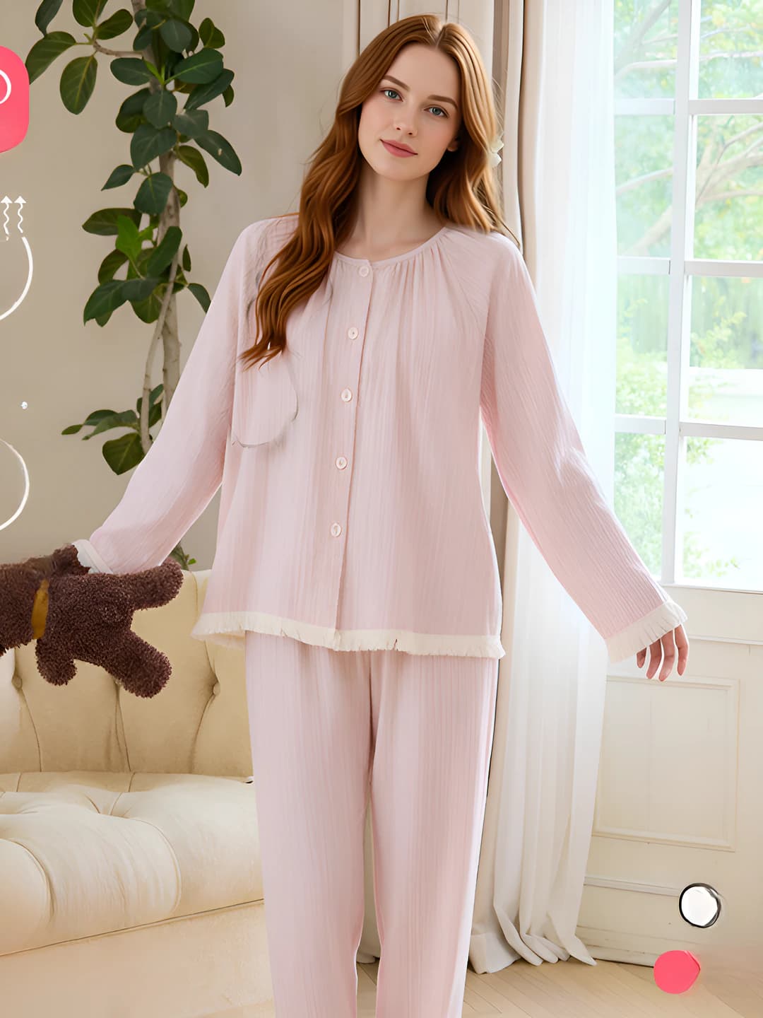 Ayollar uchun sof paxta pijama to'plami: bahor-yoz, yupqa, dumaloq yoqa, uzun yeng, uzun shim, havo o'tkazuvchan, uy kiyimi