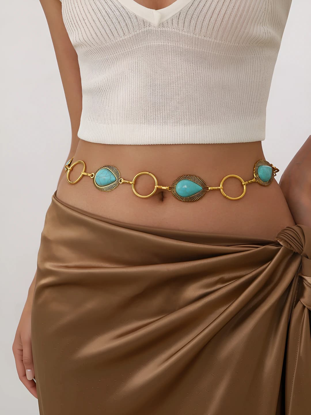 Women's retro ethnic style body chain with oval faux turquoise inlays