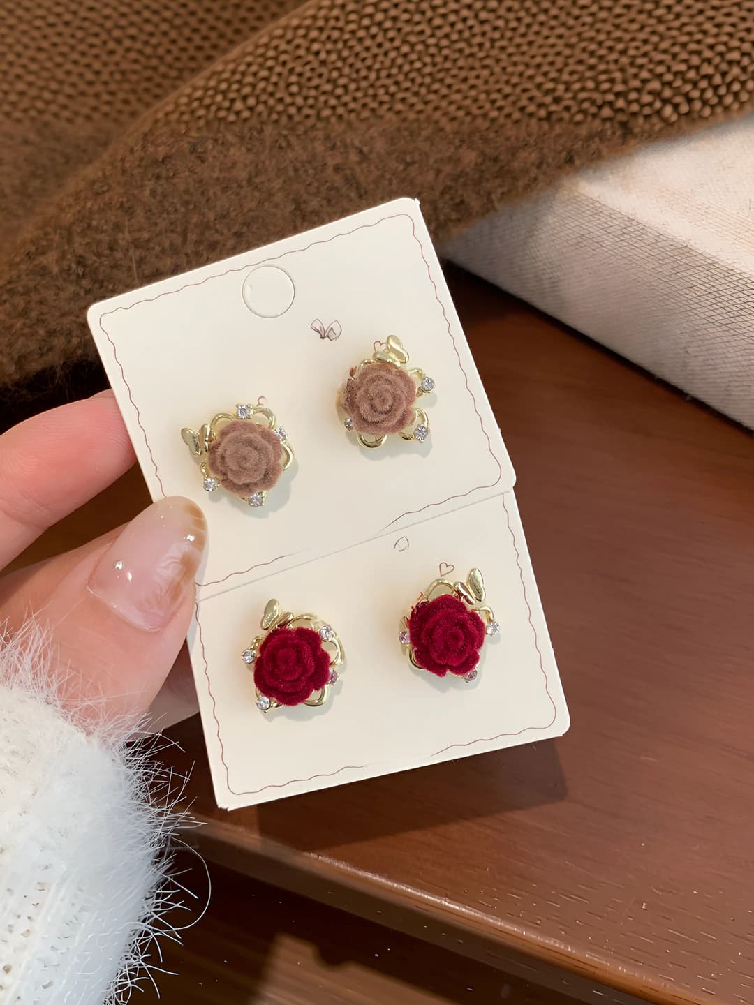 Women's retro style coffee-colored velvet rose earrings with 925 silver posts