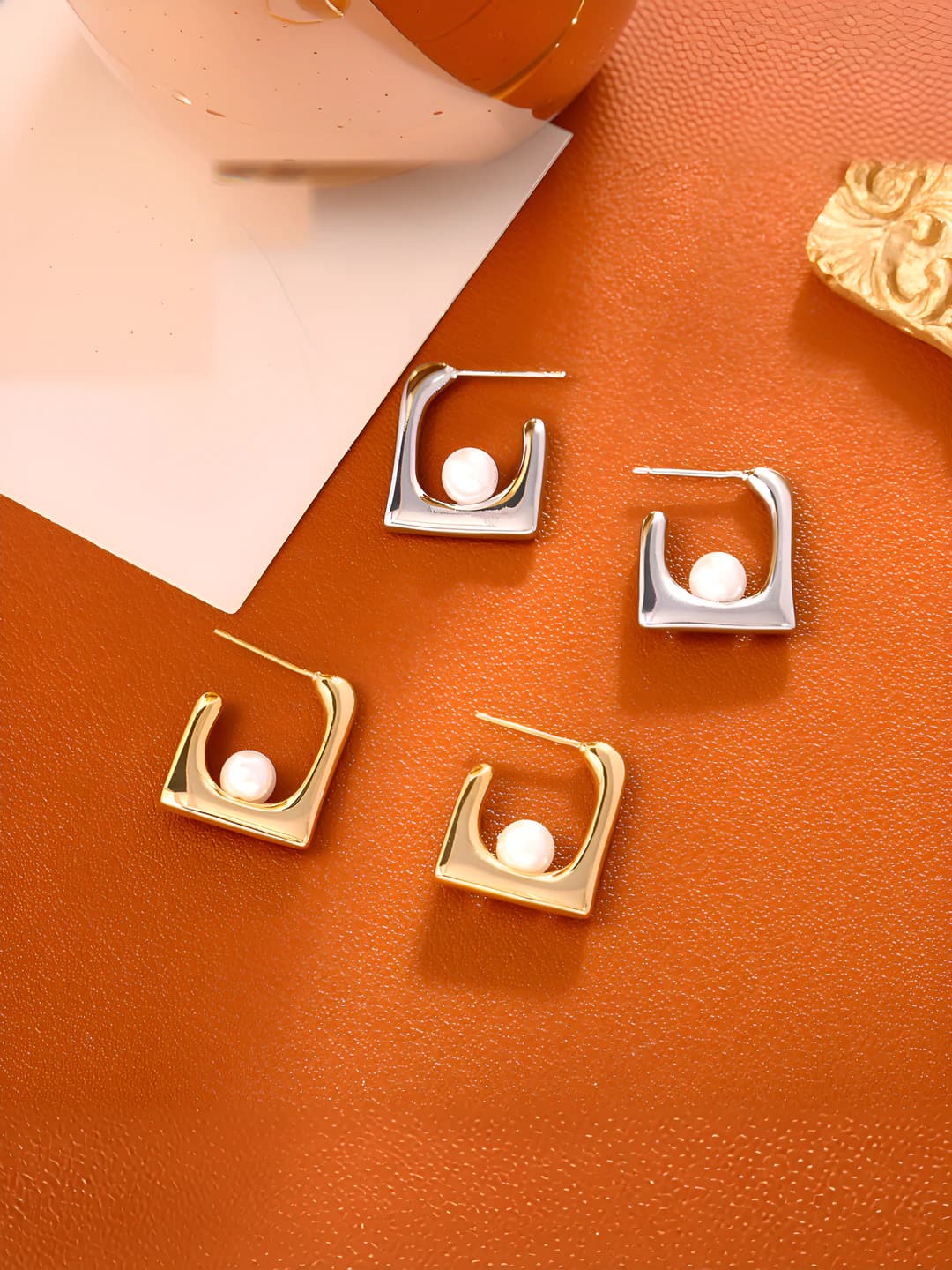Women's classic HK style square pearl earrings, 925 silver post, modern OL style, geometric shape