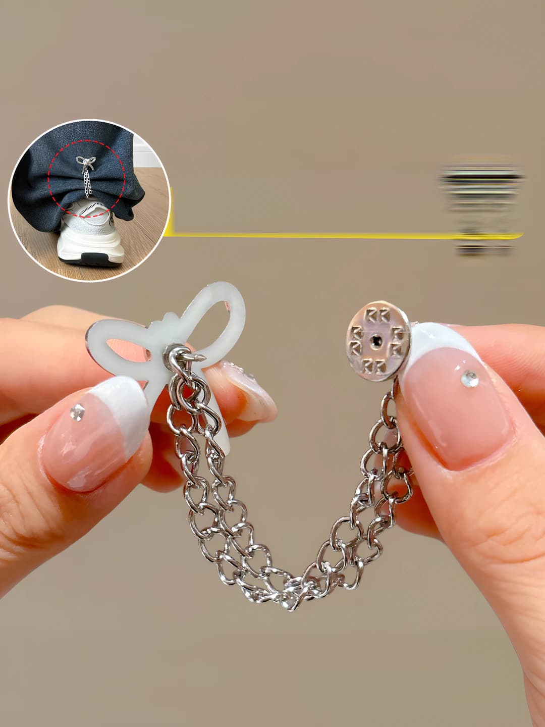 Pant hem adjuster brooch: metal, geometric shape, adjustable and dual-use clip