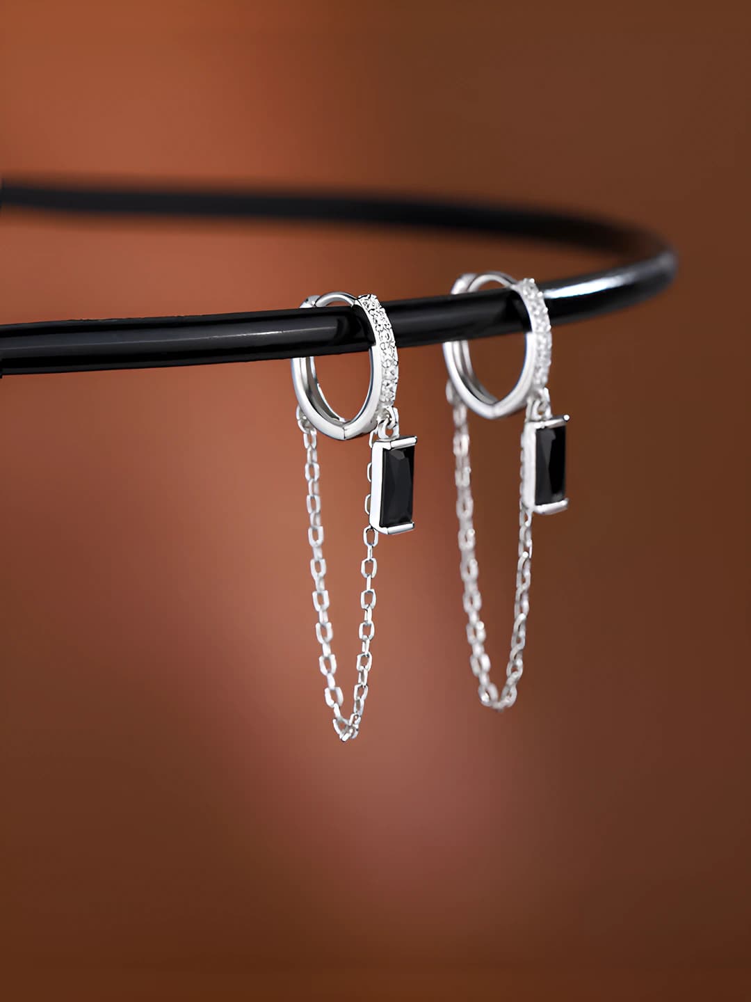 Square black diamond chain earrings