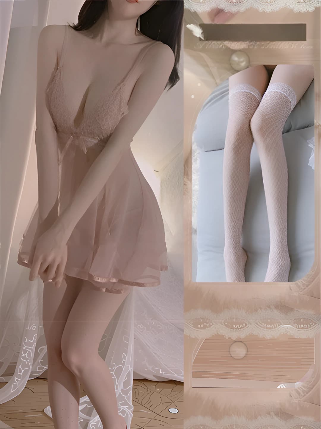 Light pink (Nightgown + T-briefs + White fishnets)