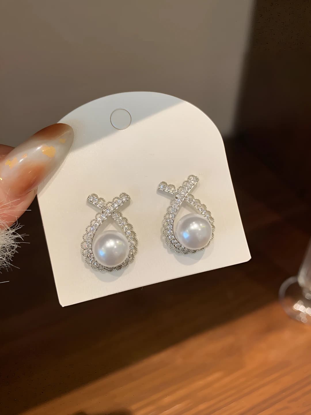 Women's pearl and zircon stud earrings, lace, cross shape, 925 silver post, Korean-Japanese style, for daily wear