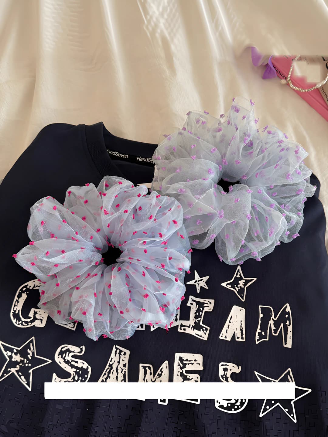 Women's stretchy tulle mesh hair scrunchie, thin, breathable, polka dot, Korean style