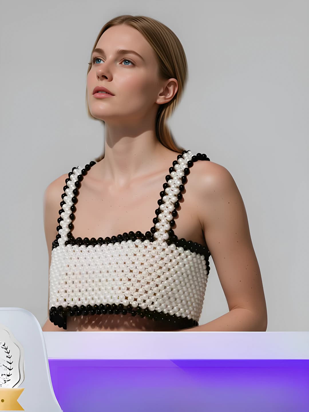 Women's pearl beaded body chain, halter neck, open back, hand-woven, rhombus shape, European-American style, chest ornament