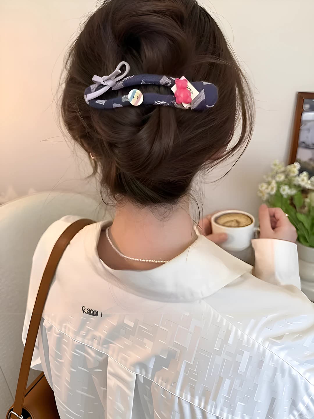 Navy plaid bear duck clip