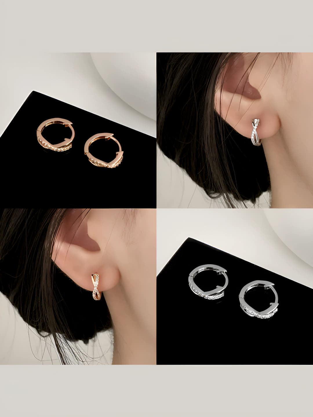 Women's hoop earrings with zircon, geometric shape, round design element, copper, rose gold and palladium plating, light luxury style