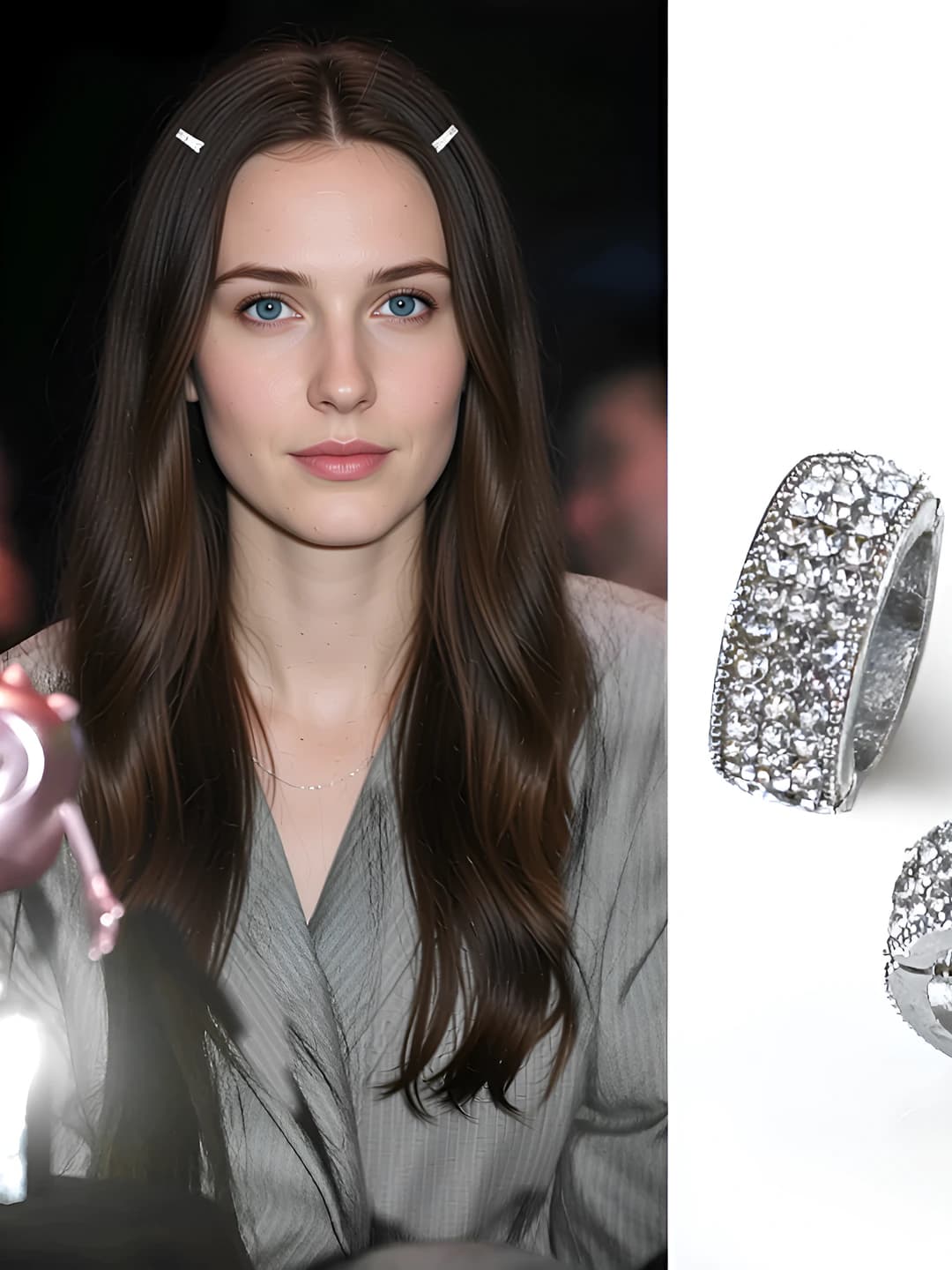 Women's rhinestone metal hair clip, silver, ring pattern, for side part