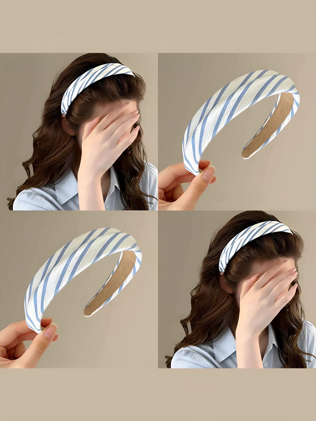 Women's summer wide fabric headband, Korean style, blue, handmade, with bow and plaid pattern