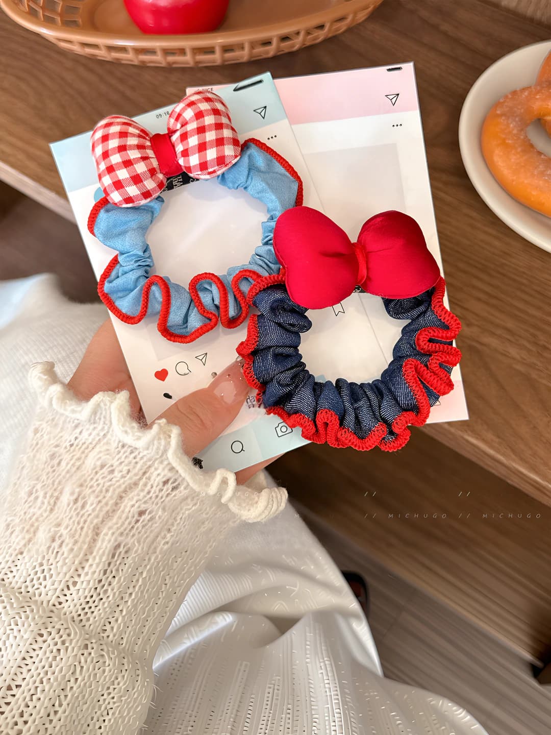 Women's stretch denim-style fabric hair ties, handmade, cute style with bows and flowers
