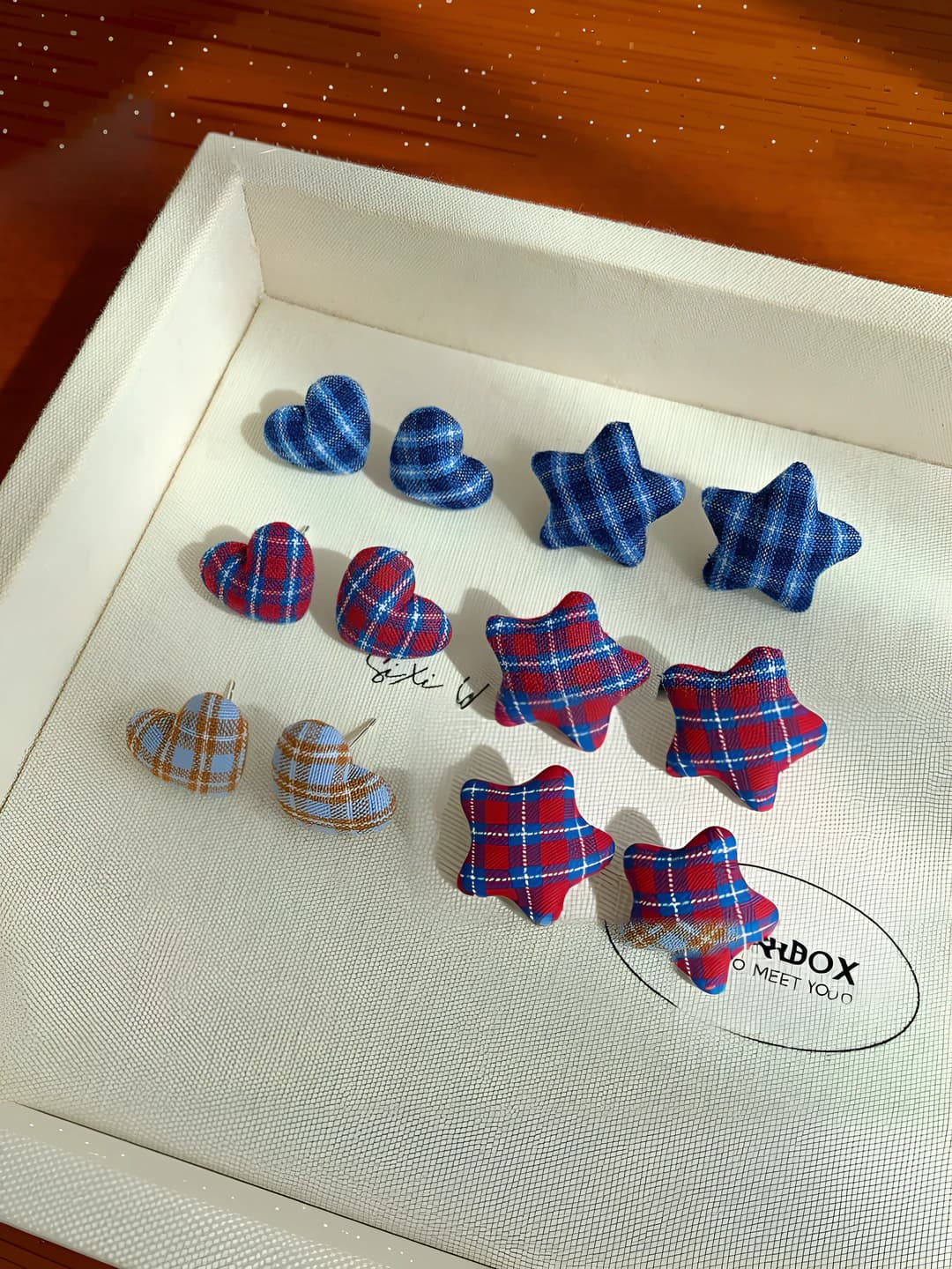Women's retro fabric checked five-pointed star and heart stud earrings, 925 silver post, handmade