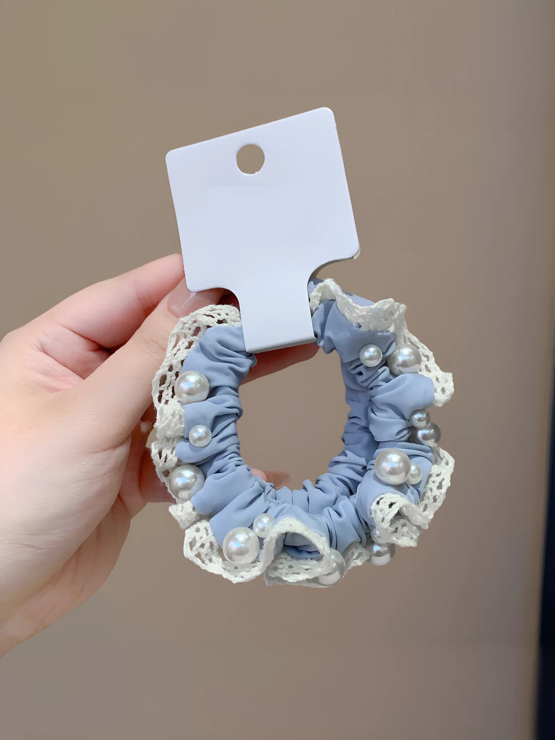 Hazy blue mesh, lace, ruffle, pearl hair tie