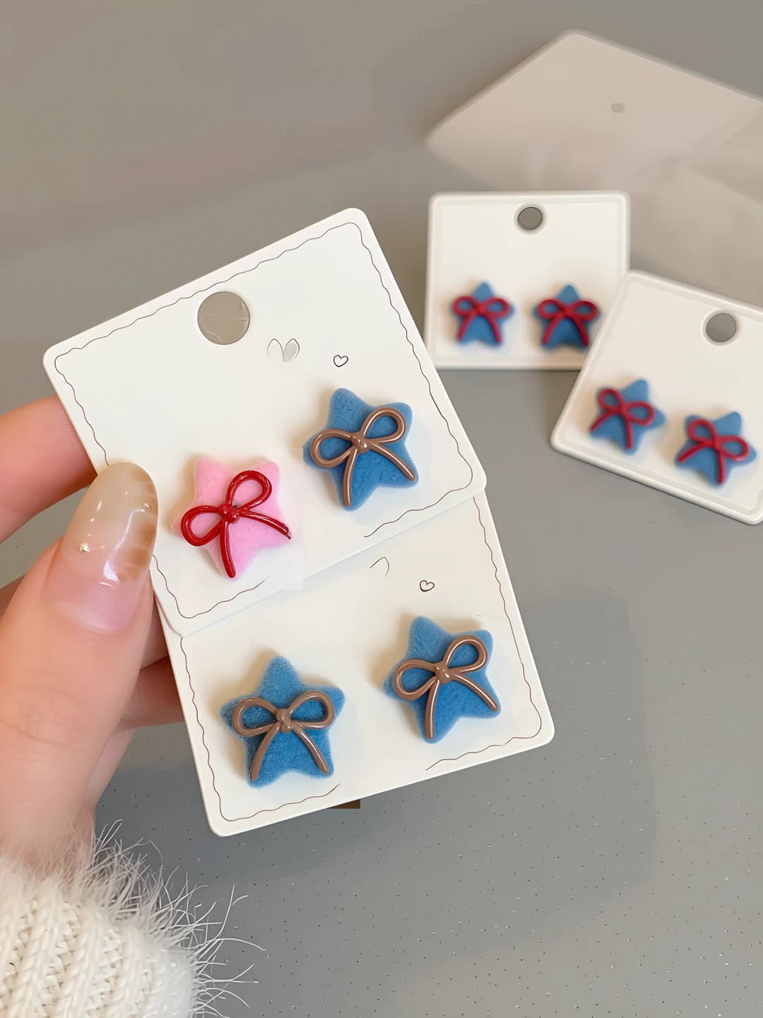 Women's blue velvet bow and star stud earrings with 925 silver posts, delicate and sweet design