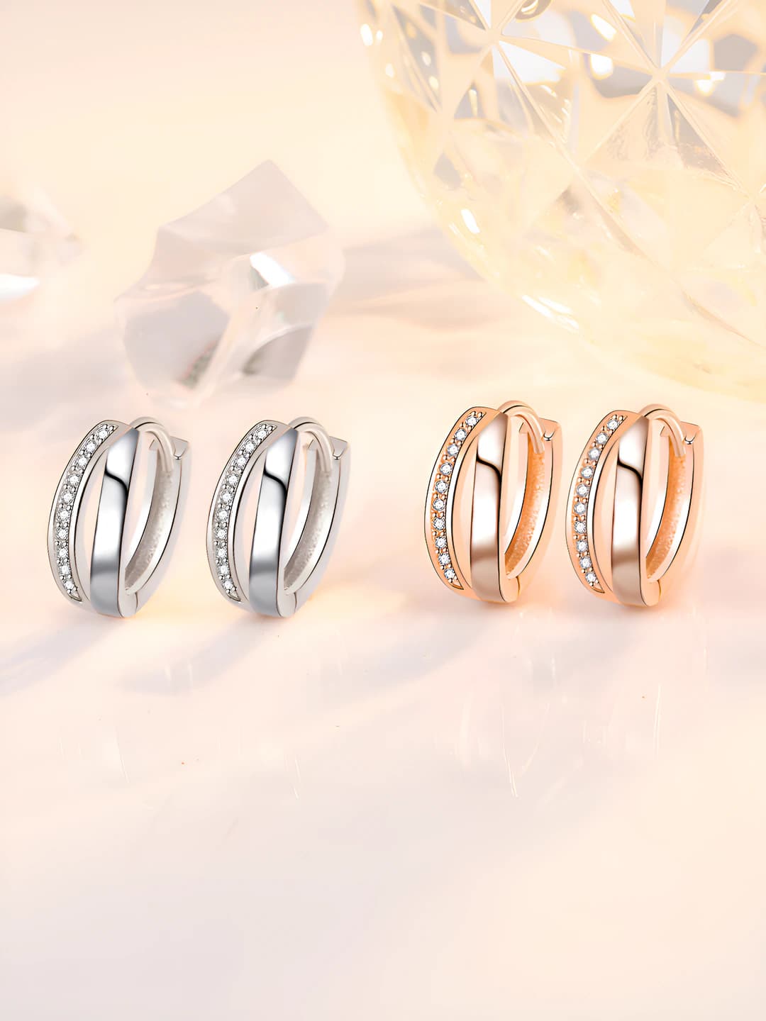 Women's zircon hoop earrings, geometric shape, double rings, interlocking, cut-out pattern, OL style