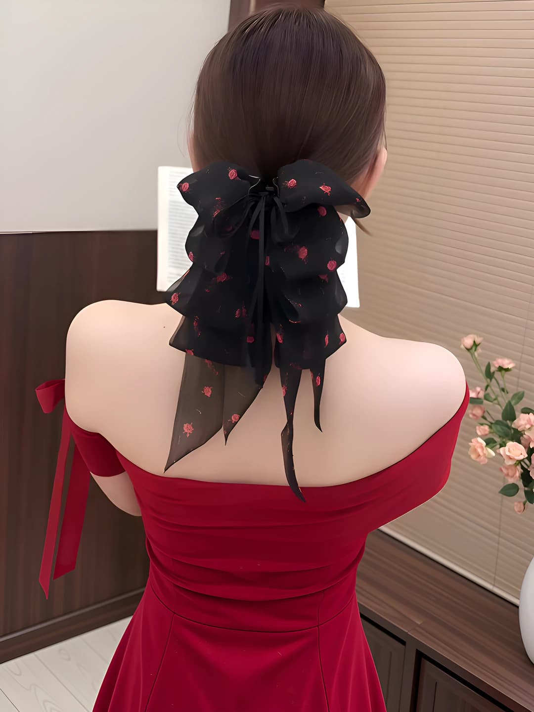 Black-red floral - bow 18.5 cm, ribbon 20 cm