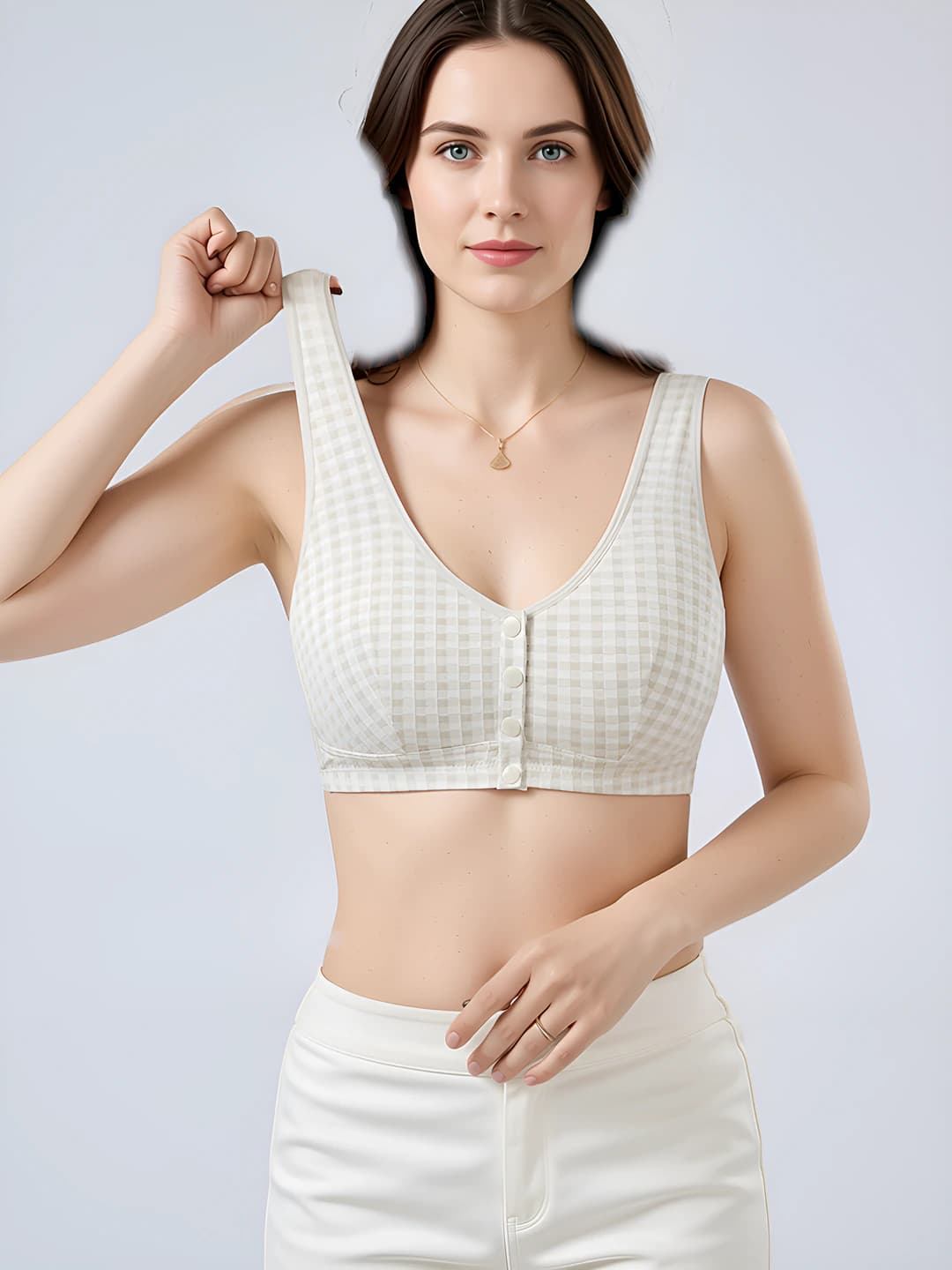 Women's sports bra in pure cotton, tank top style, front clip, wire-free, breathable, casual
