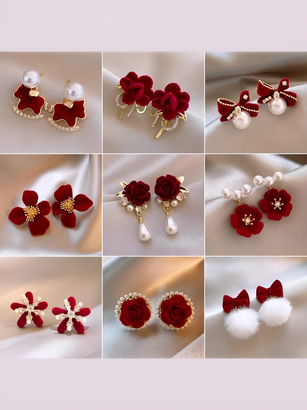 Women's flower-shaped red velvet earrings with 925 silver posts, luxury style