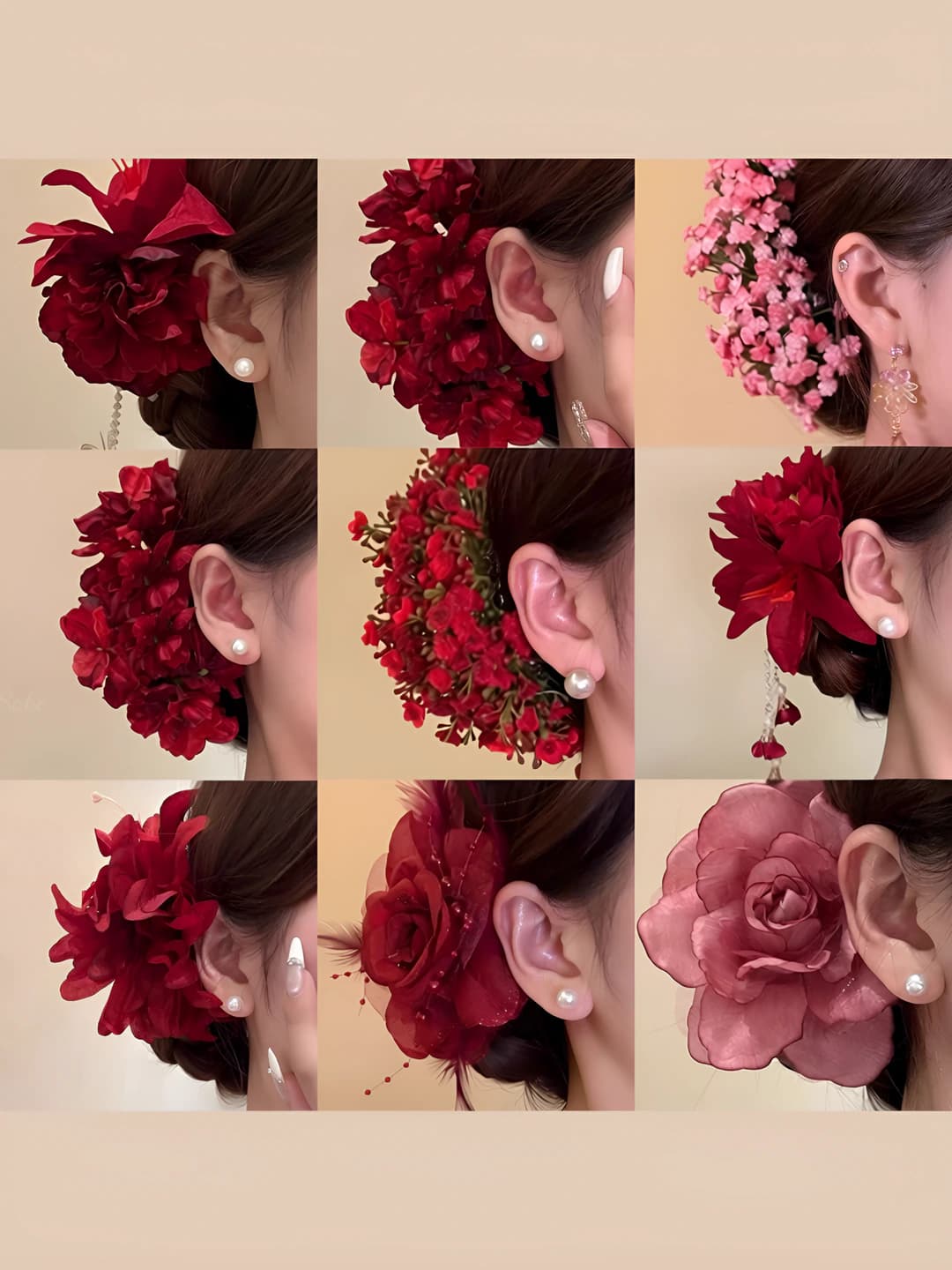 Women's hair clips and combs with red acrylic flower, handmade, design element in light luxury style