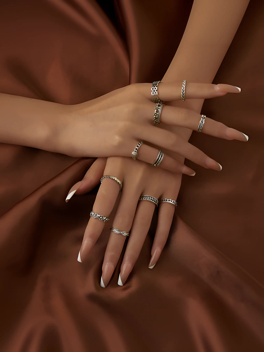 Women's toe ring set: cable knit, floral and geometric pattern, open rings, 11 pcs