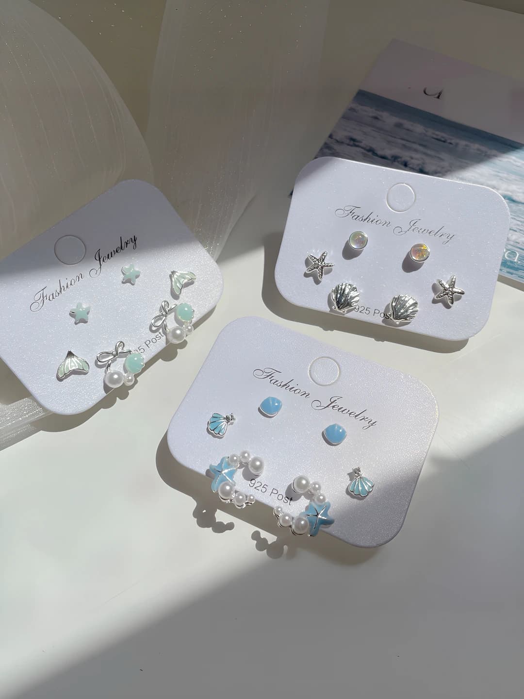 Women's blue ocean, shell and fishtail earrings set, silver post, small and delicate, fashionable, summer vacation style