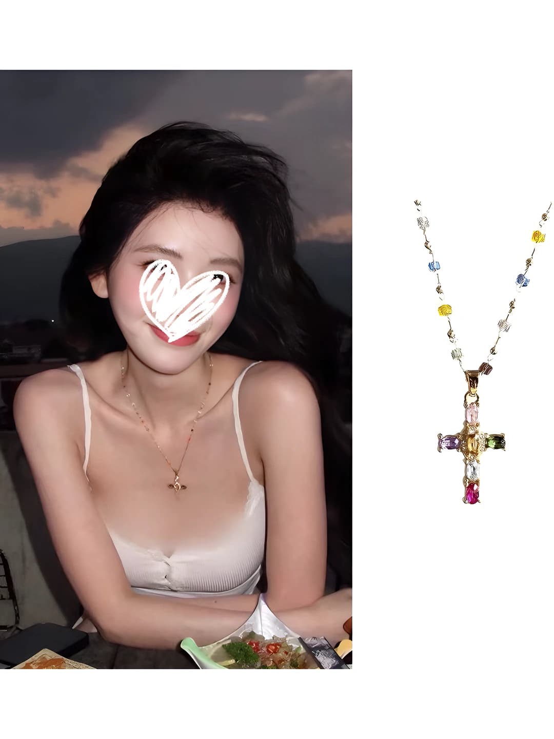 Women's retro cross pendant necklace with colorful zircons on a short chain