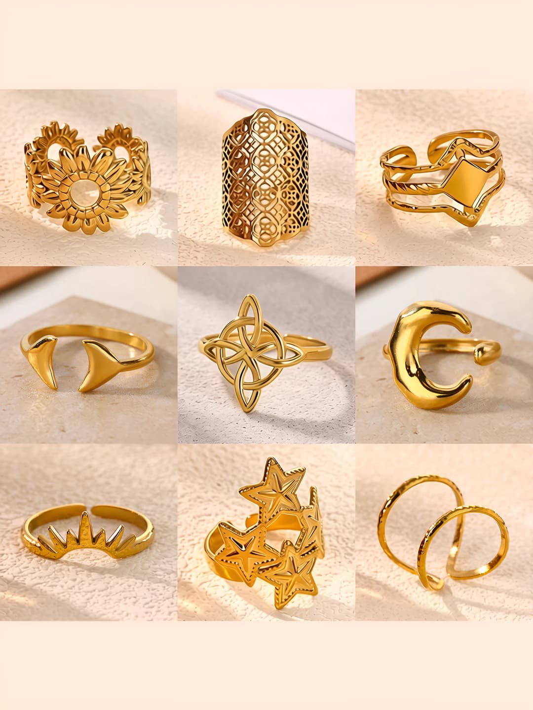 Women's open ring in 304 stainless steel with 18K gold plating, leaf and geometric design element, light luxury style
