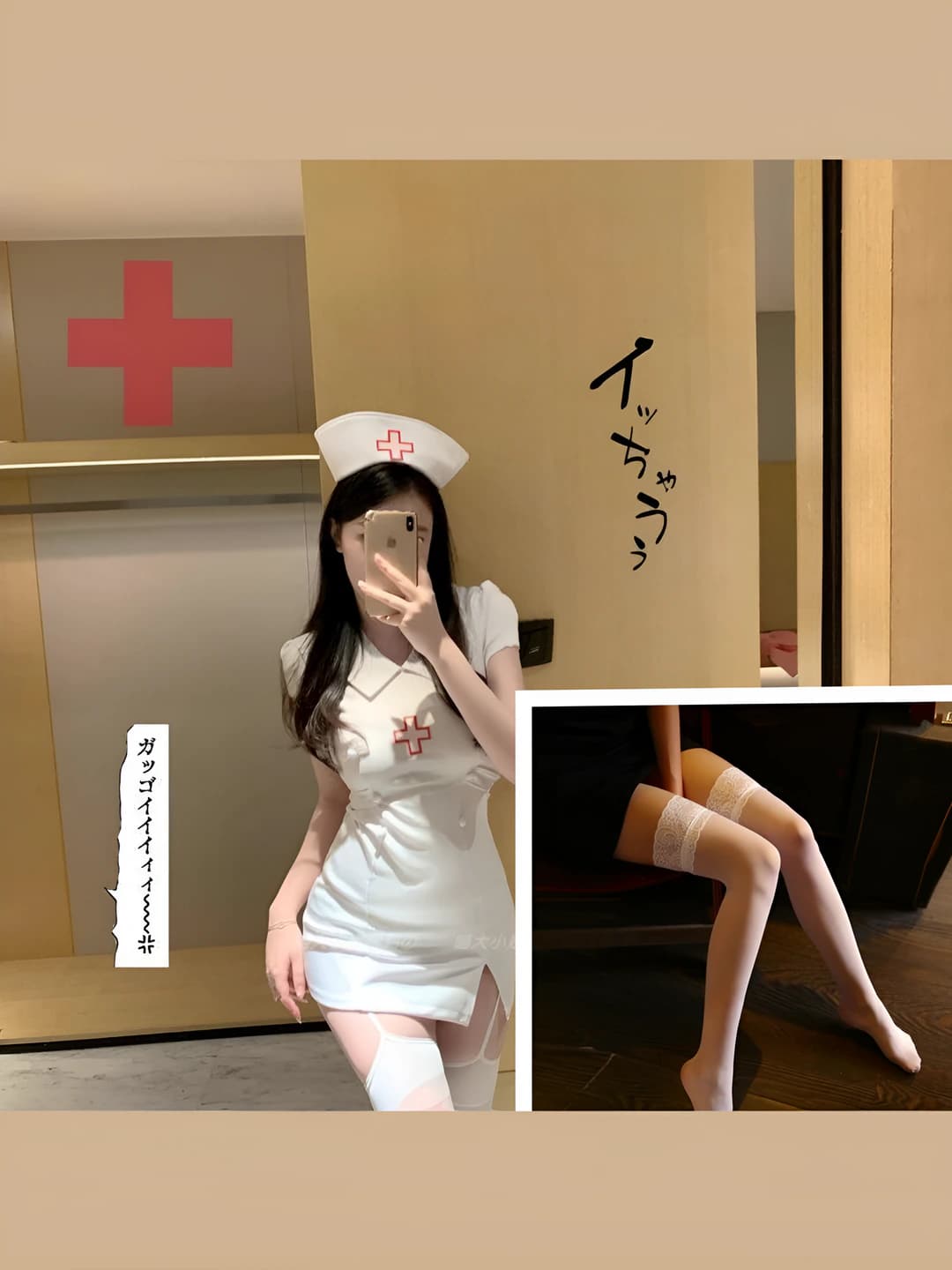 White nurse + hat + white stockings
