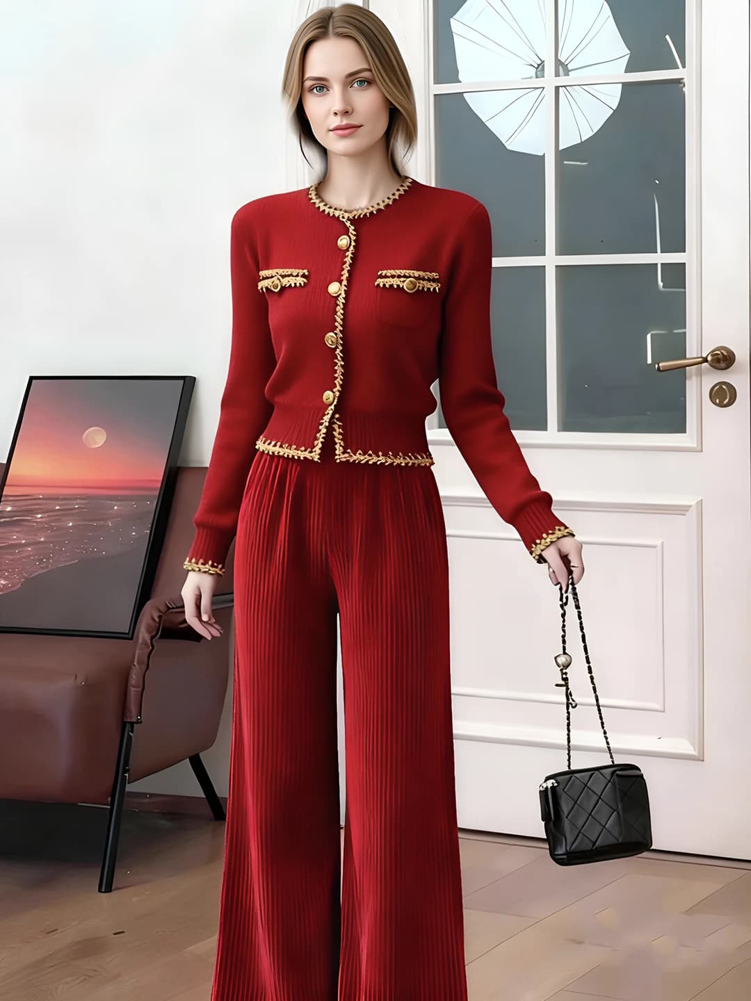 Women's winter set: knit top and wide-leg trousers