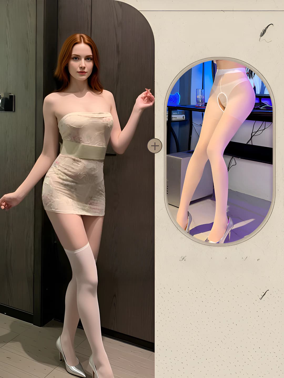 Beige + white open-crotch socks