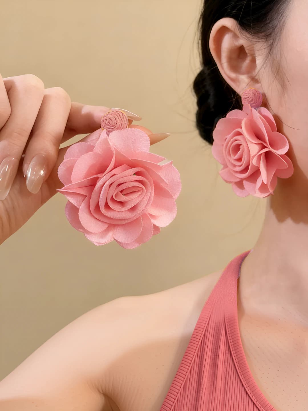 Pink fabric rose earrings - 6.3 cm