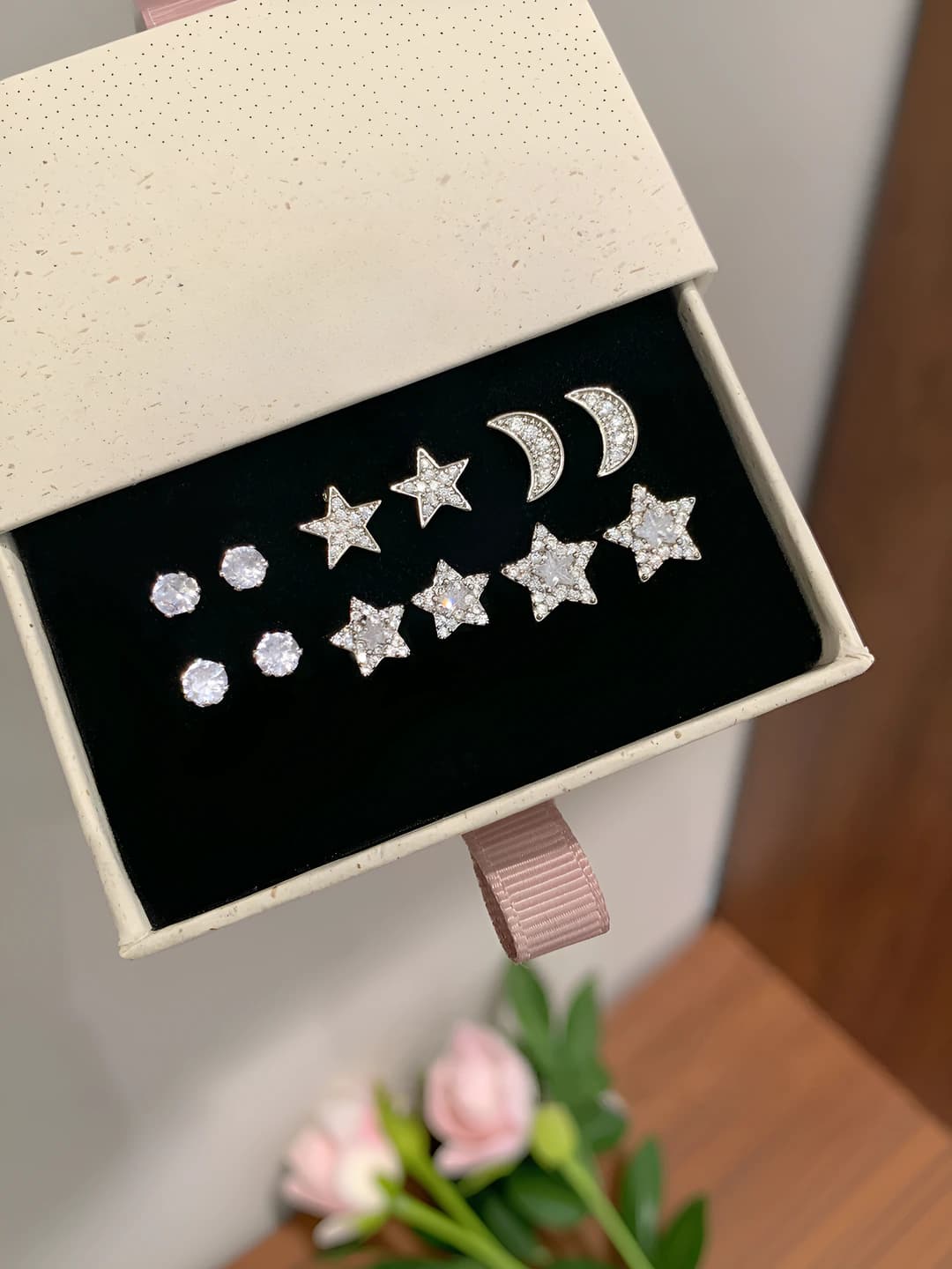 Women's set of three star and moon stud earrings in copper with full diamond setting, 925 silver post, Korean style