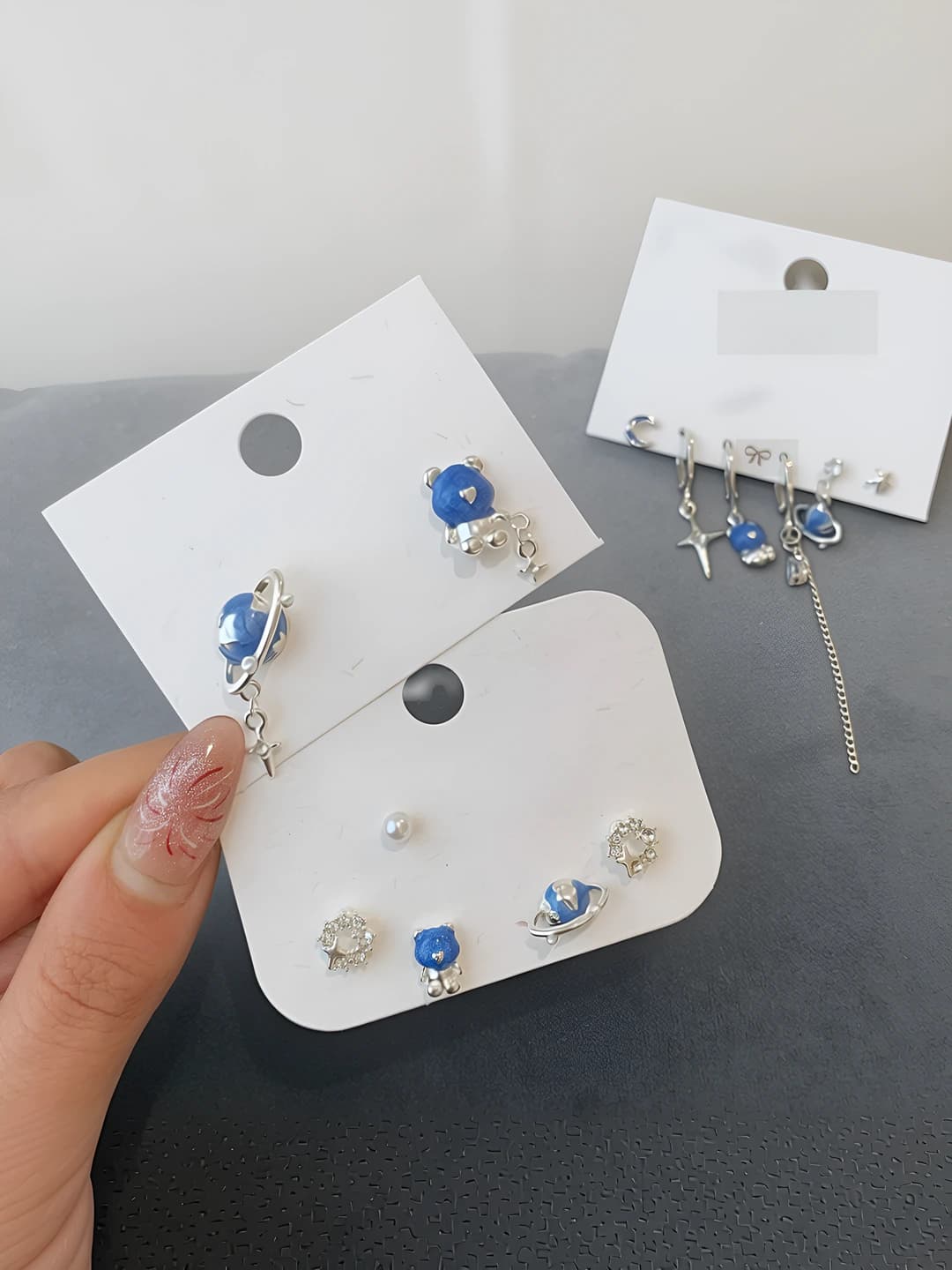 Women's bear and blue planet earrings set with 925 silver posts