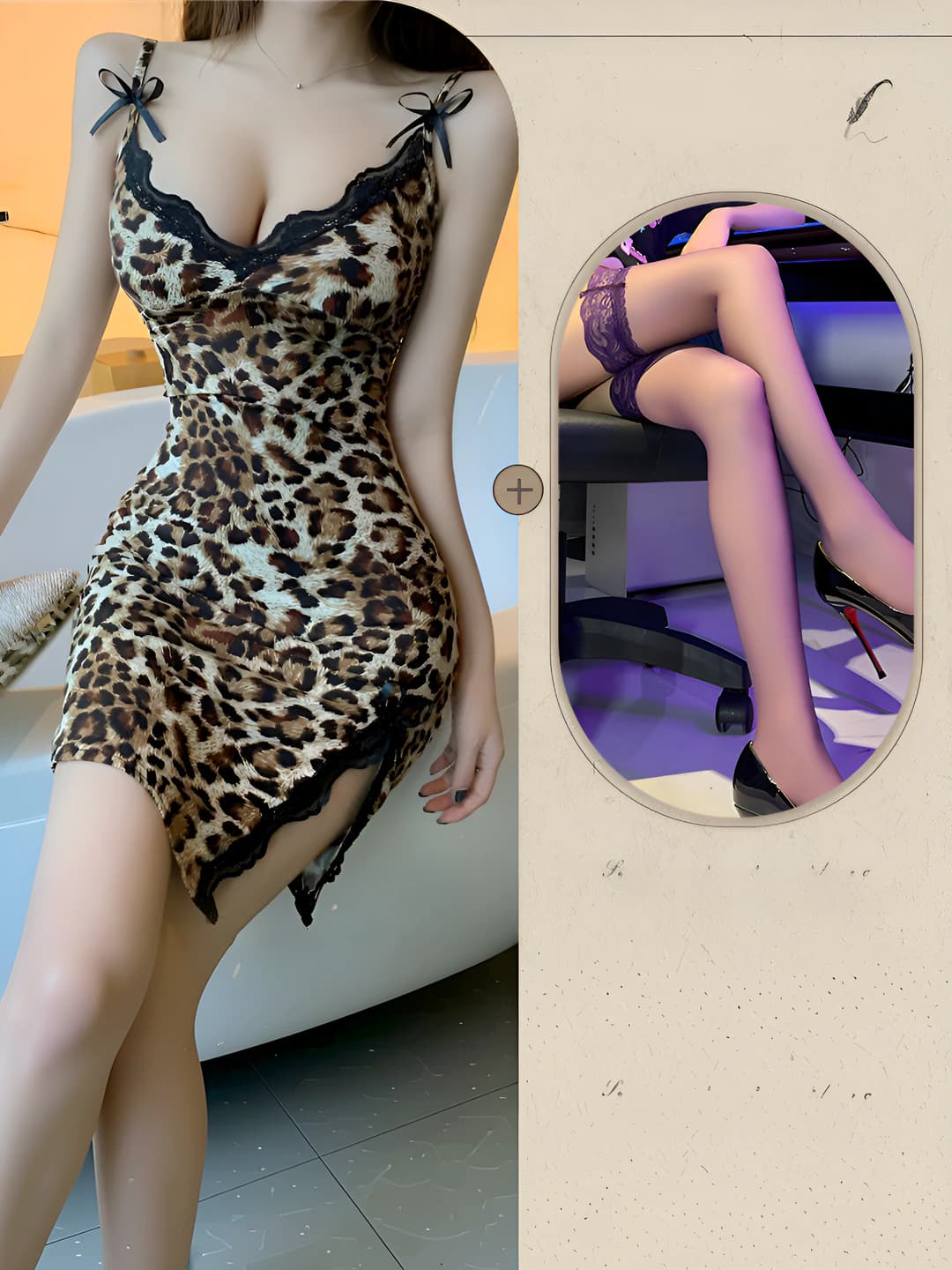 Leopard slip dress + black stockings