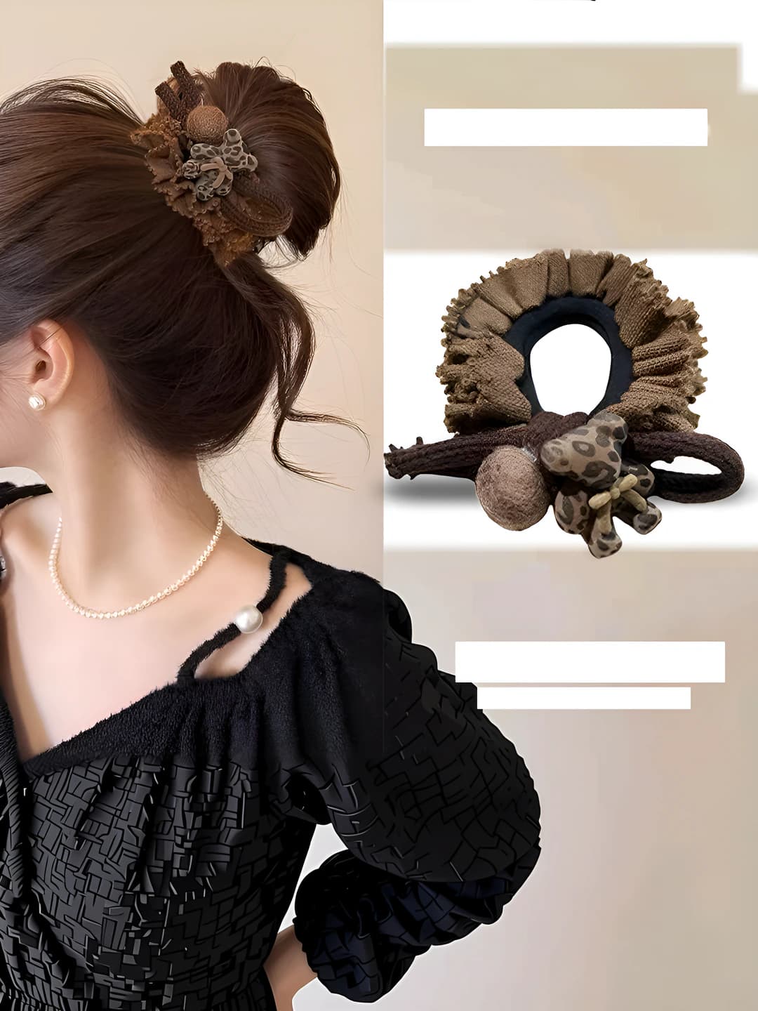 Brown - leopard bear pom-pom large scrunchie