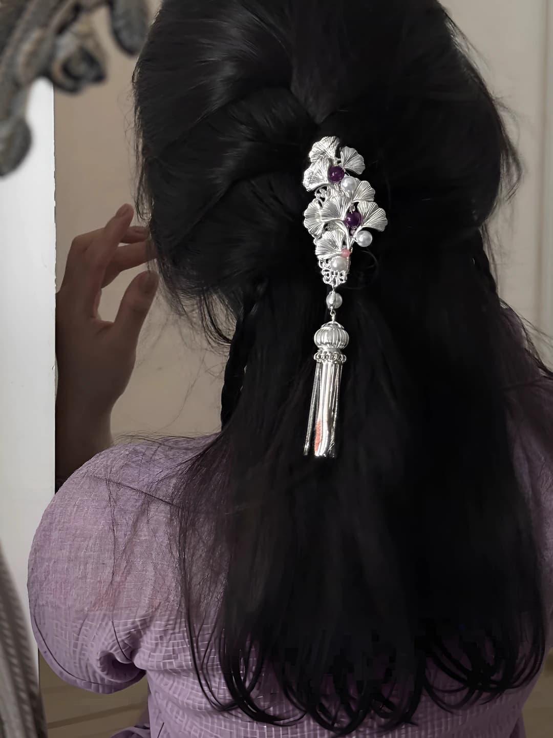 Women's hair clips and combs: classic style ginkgo shape, 925 silver, handmade, with tassel design element, country style