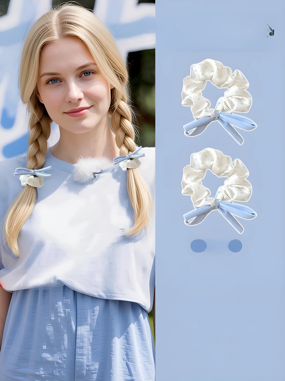Women's hair tie in Korean style with polka dots and bow design, cream color, high stretch