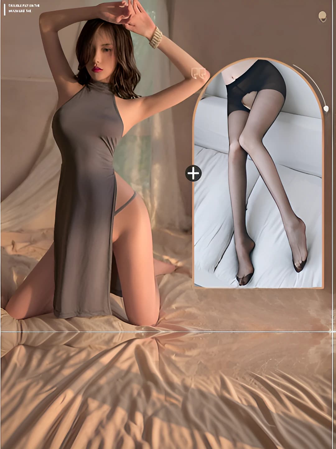 Grey long dress + black open-back tights