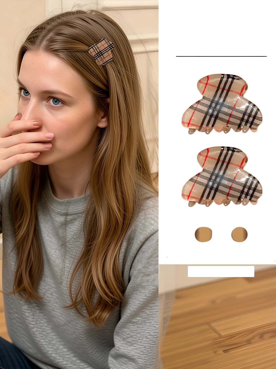 Women's hair clips and combs in retro style with plaid pattern, plastic, handmade
