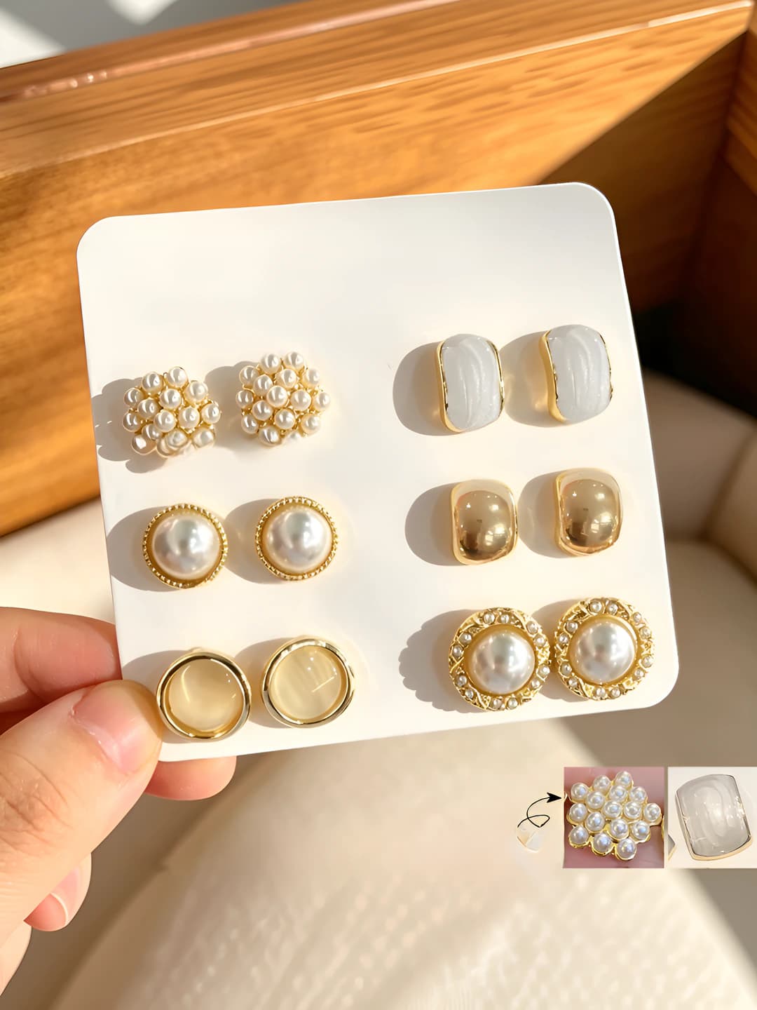 6 pairs, 925 silver, gold pearl studs