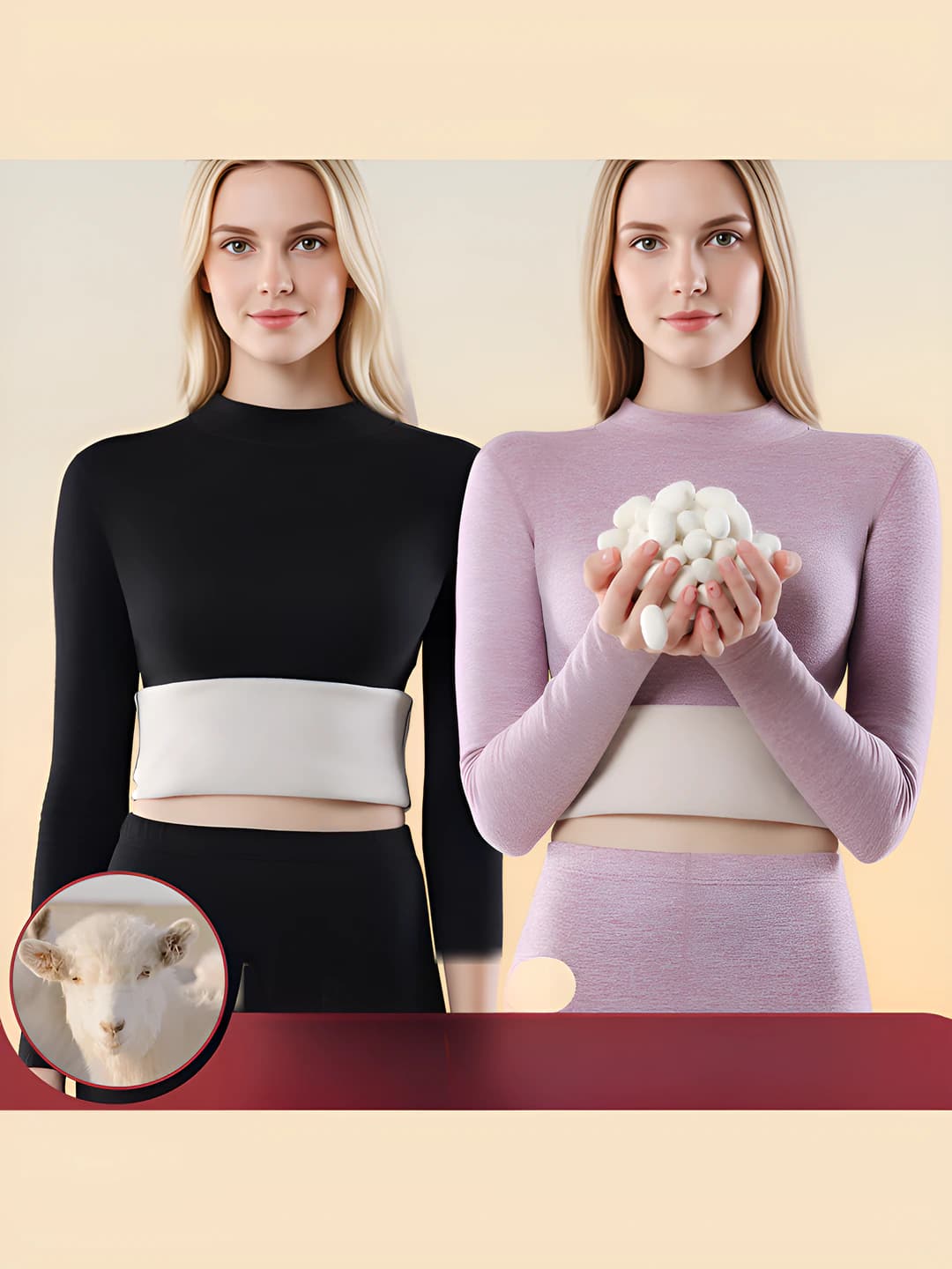 Women's winter warm wool and silk thermal underwear set, mock neck, long sleeve, trousers, fleece-lined, thickened, solid colour