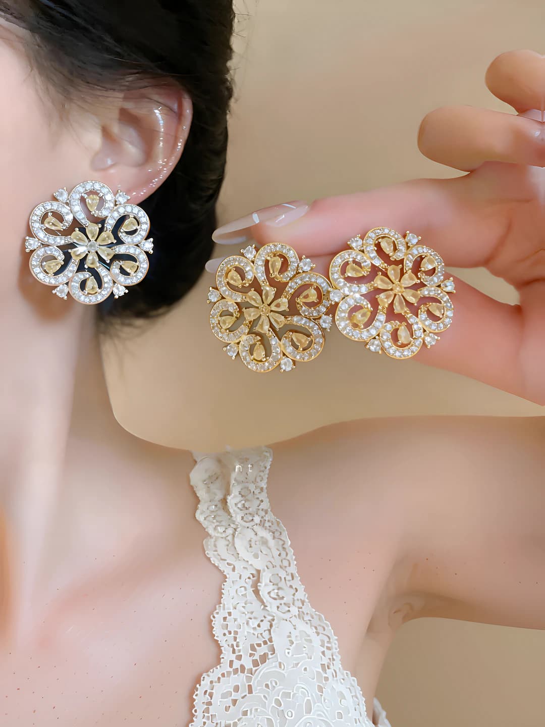 Women's earrings with 18k gold plating, silver post, zircon in teardrop and flower shape, French palace style