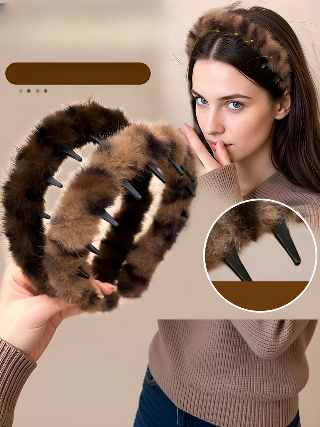 Women's retro leopard print fur headband with teeth, non-slip, autumn-winter