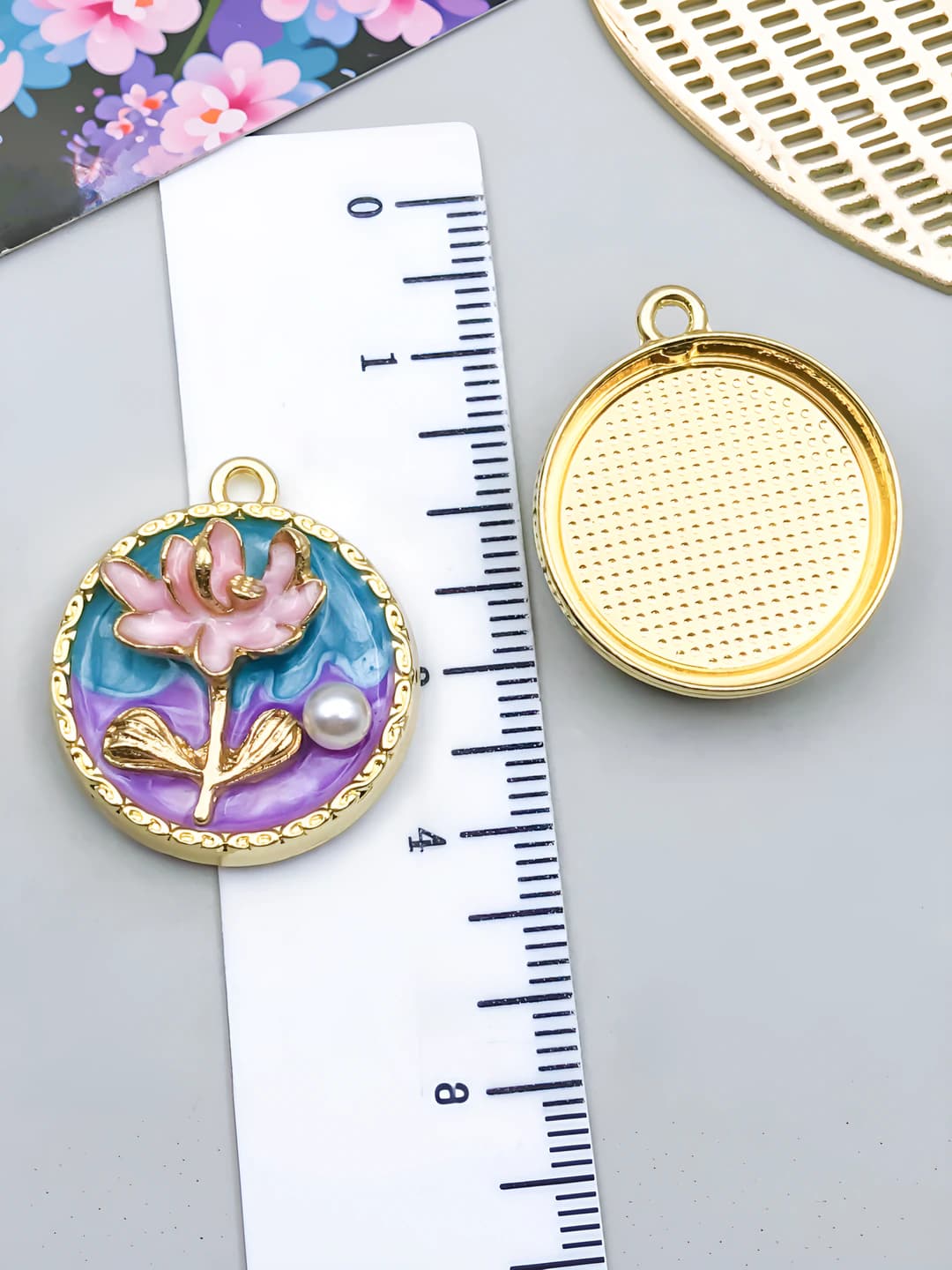 1 шт сине-фиолетовый золотой круглый жемчуг цветок 25x22x8mm-4.2g-23581