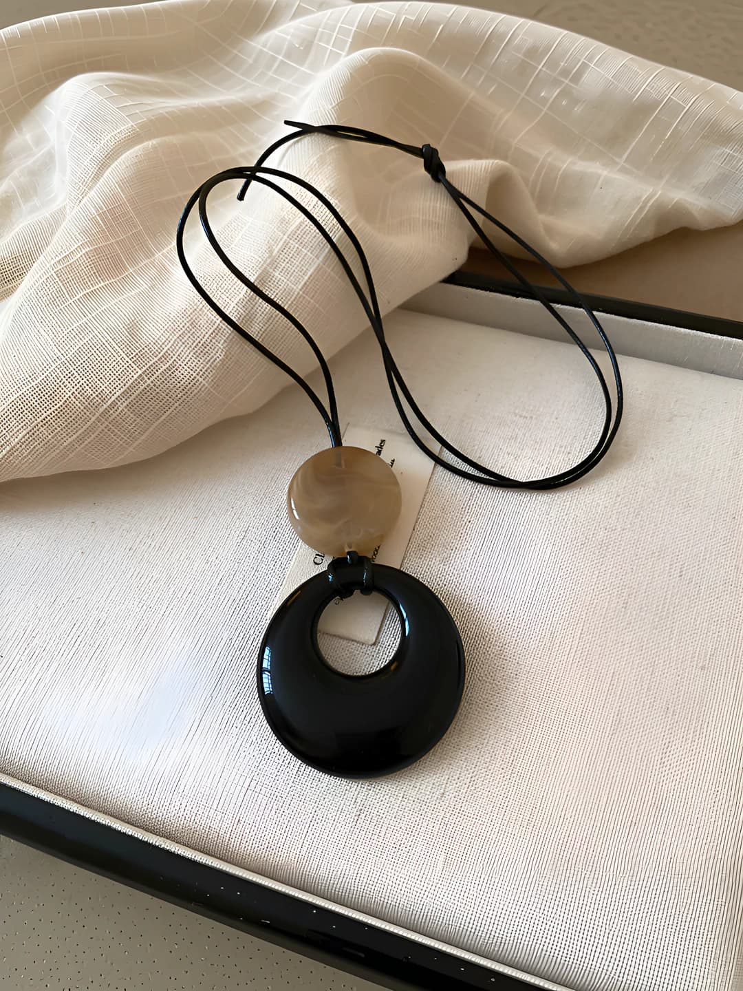 4# Necklace-Black-Coffee-Leather cord-Flat oval